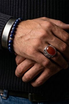 Akik Taşlı Özel Tasarım El İşçiliği Erkek Gümüş Yüzük