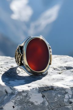 Akik Taşlı Tuğra Desenli Zambak Model Gümüş Yüzük