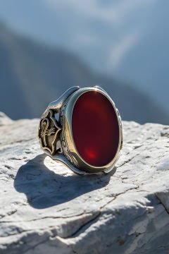 Akik Taşlı Tuğra Desenli Zambak Model Gümüş Yüzük