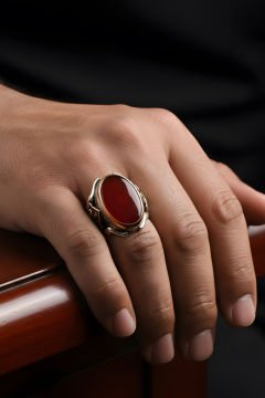 Akik Taşlı Tuğra Desenli Zambak Model Gümüş Yüzük