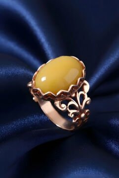 Rumi Model Sarı Akik Taşlı El İşi Gümüş Yüzük 15 - Rose Rengi