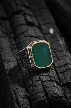 Sarmaşık Model Yeşil Akik Taşlı Gümüş Erkek Yüzük