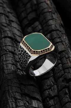Sarmaşık Model Yeşil Akik Taşlı Gümüş Erkek Yüzük