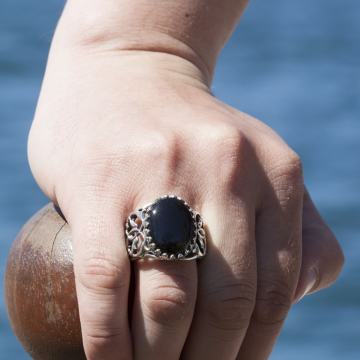 Oniks Taşlı El İşi Gümüş Yüzük