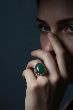 Rumi Model Yeşil Akik Taşlı El İşi Gümüş Yüzük 19 - Rose Rengi