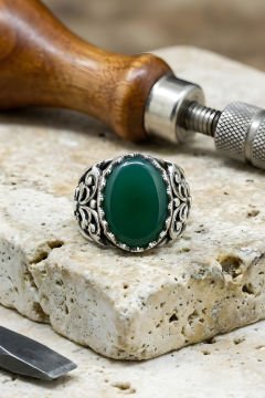 Hünkar  Model El İşi Yeşil Akik Taşlı Gümüş Yüzük