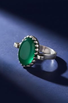 Sade Model Yeşil Akik Taşlı El İşi Gümüş Yüzük
