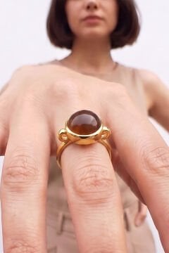 Luna Model Doğal Akik Taşlı Gümüş Kadın Yüzük 24 - Altın Rengi