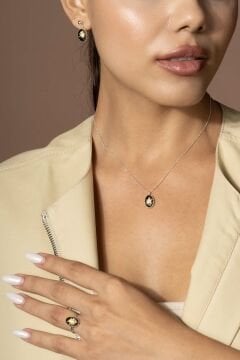 Damla Kehribar İçine Gül Desenli Minimal Gümüş Takı Seti