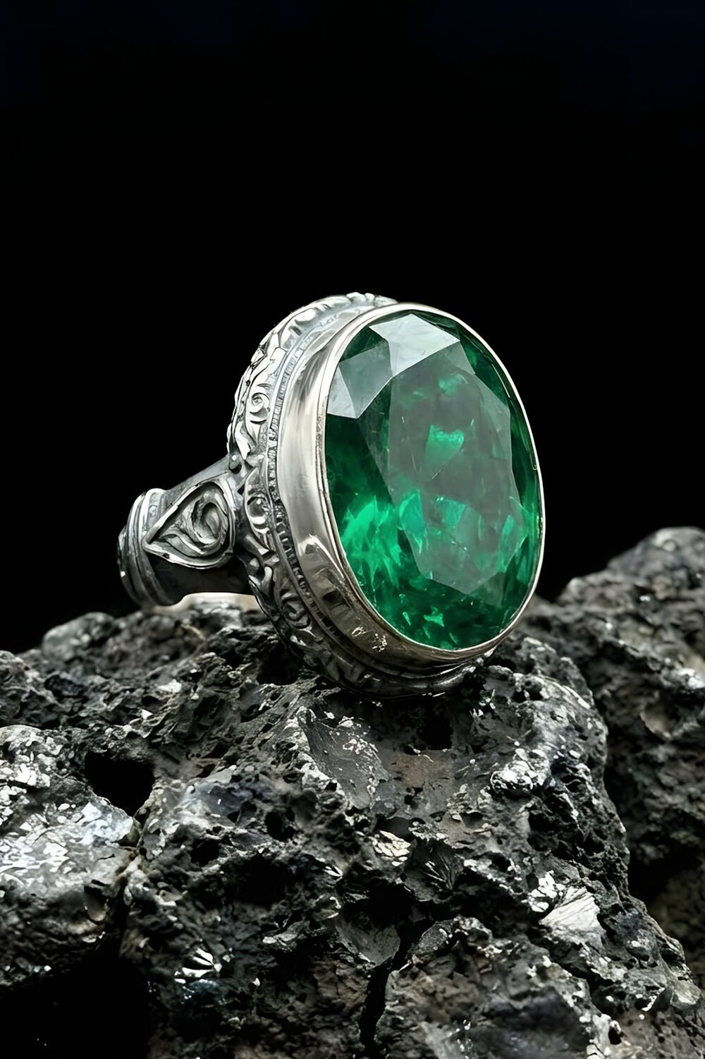 Usta İşi Erzurum Kalem İşçiliği Zümrüt Zirkon Taşlı Erkek Yüzük