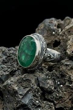 Usta İşi Erzurum Kalem İşçiliği Zümrüt Zirkon Taşlı Erkek Yüzük