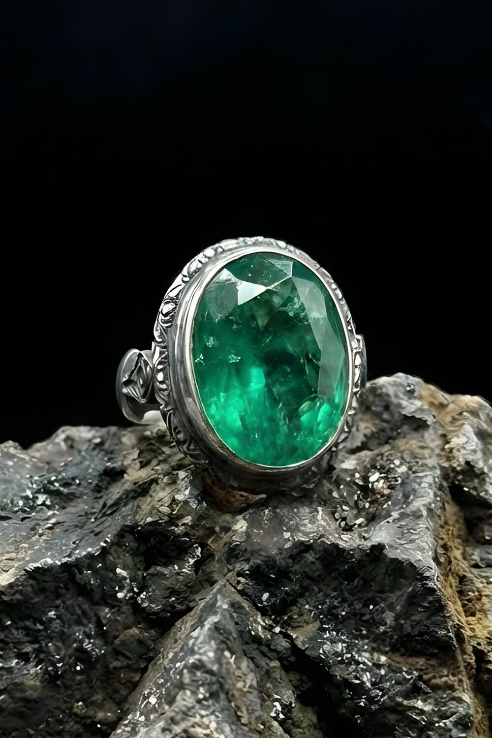 Usta İşi Erzurum Kalem İşçiliği Zümrüt Zirkon Taşlı Erkek Yüzük