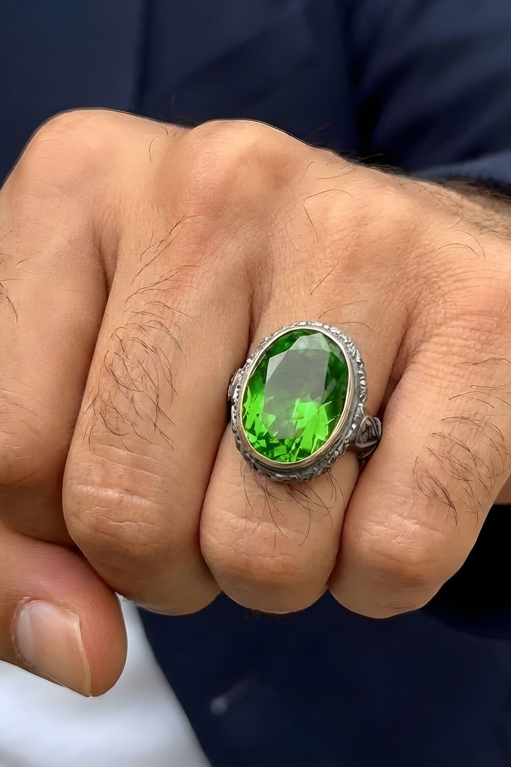 Usta İşi Erzurum Kalem İşçiliği Zümrüt Zirkon Taşlı Erkek Yüzük