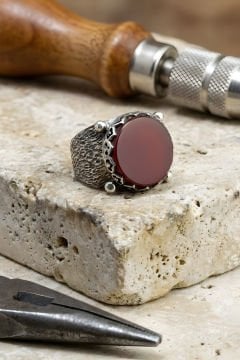 Ağaç Kabuğu Model El İşi Akik Taşlı Gümüş Yüzük