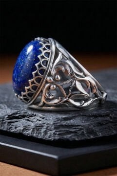 Lapis Lazuli Taşlı Özel Tasarım El İşçiliği Erkek Gümüş Yüzük