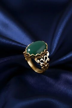 Rumi Model Yeşil Akik Taşlı El İşi Gümüş Yüzük 10 - Altın Rengi