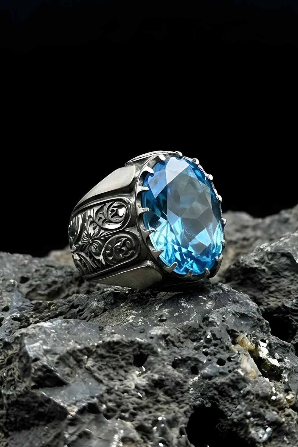 Erzurum Kalem İşçiliği Beyzade Model Mavi Topaz Zirkon Taşlı Erkek Yüzük