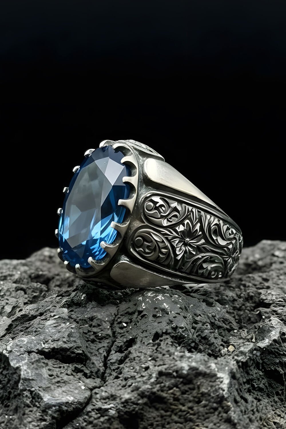 Erzurum Kalem İşçiliği Beyzade Model Mavi Topaz Zirkon Taşlı Erkek Yüzük