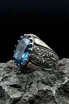 Erzurum Kalem İşçiliği Beyzade Model Mavi Topaz Zirkon Taşlı Erkek Yüzük