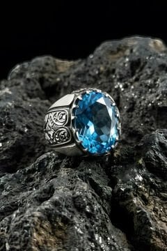 Erzurum Kalem İşçiliği Beyzade Model Mavi Topaz Zirkon Taşlı Erkek Yüzük