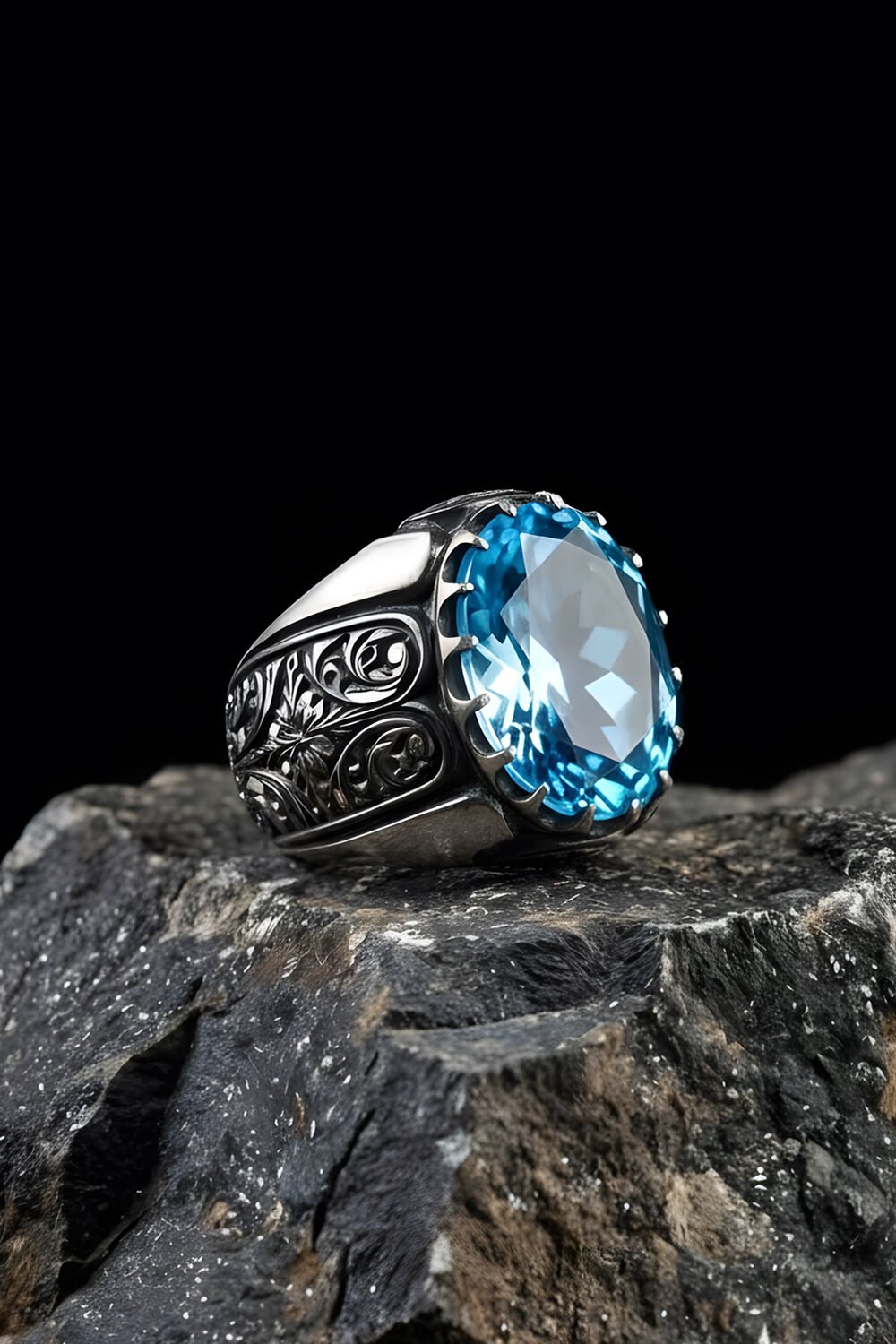 Erzurum Kalem İşçiliği Beyzade Model Mavi Topaz Zirkon Taşlı Erkek Yüzük