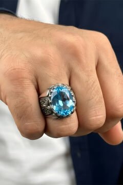 Erzurum Kalem İşçiliği Beyzade Model Mavi Topaz Zirkon Taşlı Erkek Yüzük