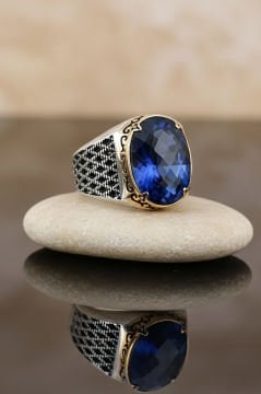 Mavi Zirkon Taşlı Gümüş Erkek Yüzük