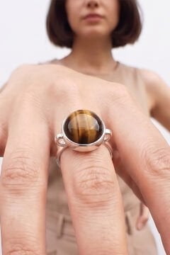 Luna Model Doğal Kaplangözü Taşlı Gümüş Kadın Yüzük 13 - Gümüş Rengi