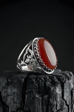 Ters Lale Desenli El İşi Akik Taşlı Gümüş Yüzük