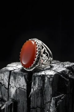 Ters Lale Desenli El İşi Akik Taşlı Gümüş Yüzük