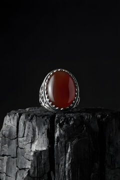 Ters Lale Desenli El İşi Akik Taşlı Gümüş Yüzük