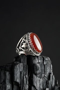 Ters Lale Desenli El İşi Akik Taşlı Gümüş Yüzük