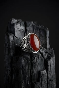 Ters Lale Desenli El İşi Akik Taşlı Gümüş Yüzük