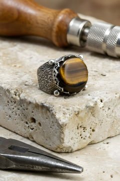 Ağaç Kabuğu Model El İşi Kaplangözü Taşlı Gümüş Yüzük