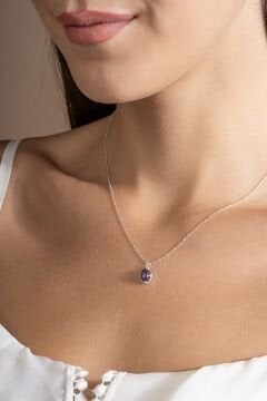 Doğal Ametist Taşlı Minimal Gümüş Kadın Kolye