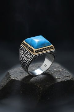 Kare Model Kalem İşlemeli Firüze Taşlı Yüzük