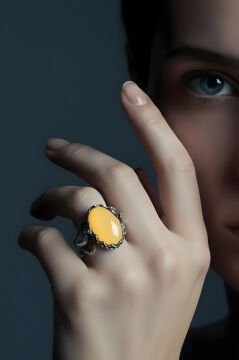 Ağaç Model Sarı Akik Taşlı El İşi Gümüş Yüzük 17 - Gümüş Rengi