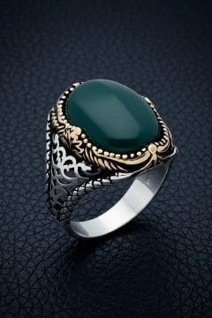 Yeşil Akik Taşlı Gümüş Erkek Yüzük