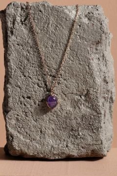 Doğal Ametist Taşlı Minimal Gümüş Kadın Kolye Rose Rengi