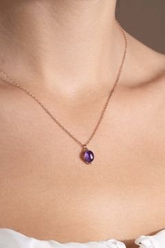 Doğal Ametist Taşlı Minimal Gümüş Kadın Kolye Rose Rengi