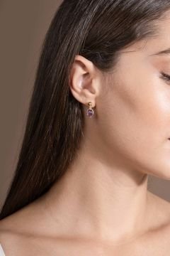 Doğal Ametist Taşlı Minimal Gümüş Kadın Küpe Altın Rengi