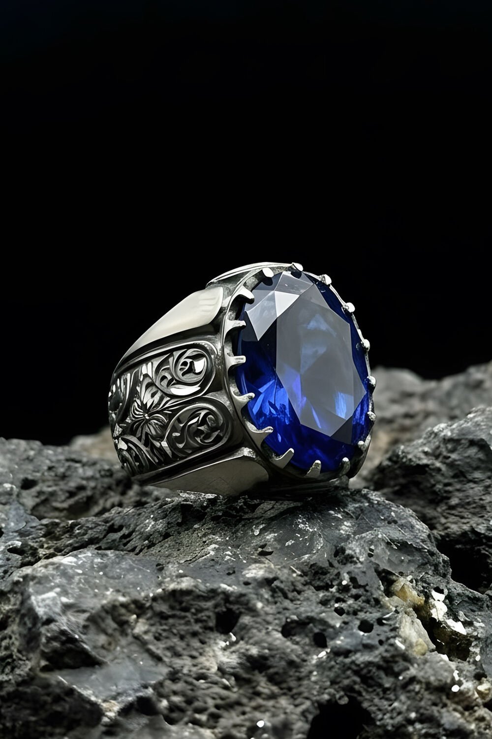 Erzurum Kalem İşçiliği Beyzade Model Safir Zirkon Taşlı Erkek Yüzük