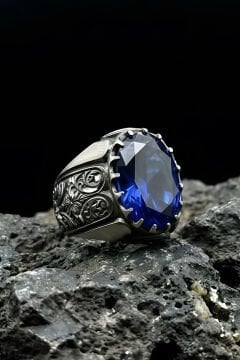 Erzurum Kalem İşçiliği Beyzade Model Safir Zirkon Taşlı Erkek Yüzük