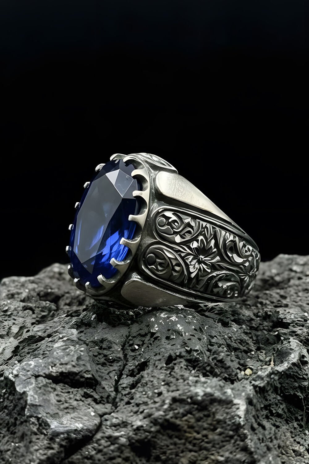 Erzurum Kalem İşçiliği Beyzade Model Safir Zirkon Taşlı Erkek Yüzük