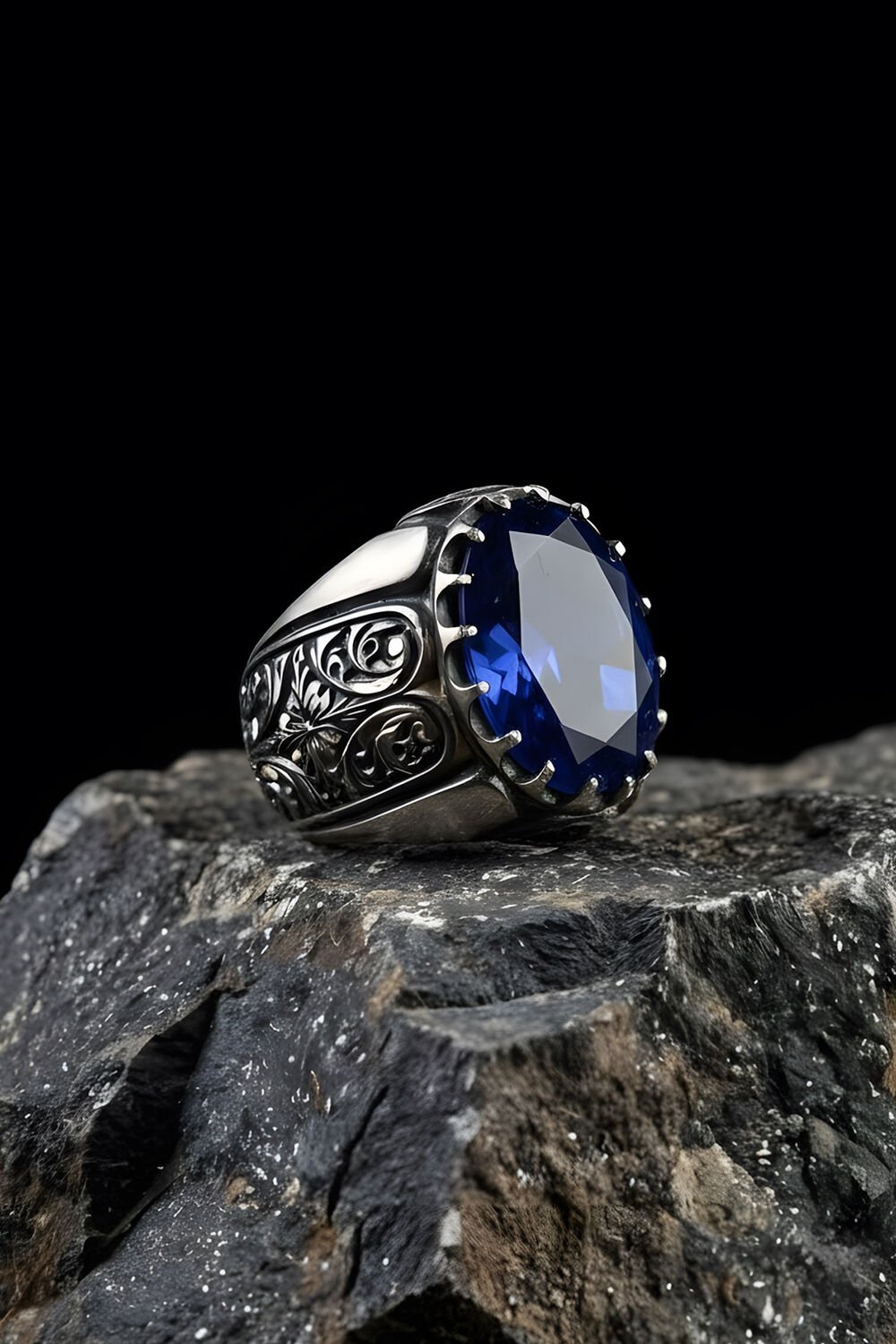 Erzurum Kalem İşçiliği Beyzade Model Safir Zirkon Taşlı Erkek Yüzük