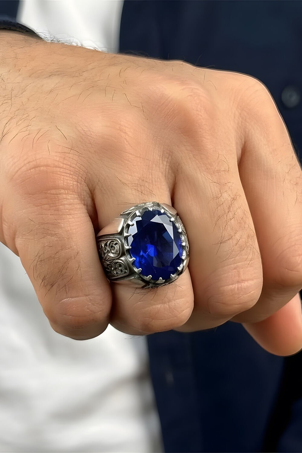 Erzurum Kalem İşçiliği Beyzade Model Safir Zirkon Taşlı Erkek Yüzük