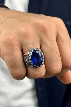 Erzurum Kalem İşçiliği Beyzade Model Safir Zirkon Taşlı Erkek Yüzük