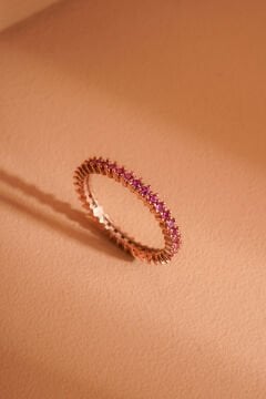 Yakut Renk Zirkon Taşlı Tek Sıra Tamtur Yüzük 10 - Rose Rengi