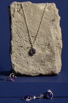 Doğal Ametist Taşlı Minimal Gümüş Kadın Takı Seti