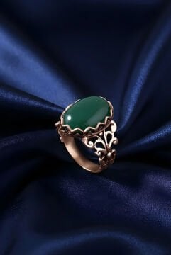 Rumi Model Yeşil Akik Taşlı El İşi Gümüş Yüzük 16 - Rose Rengi